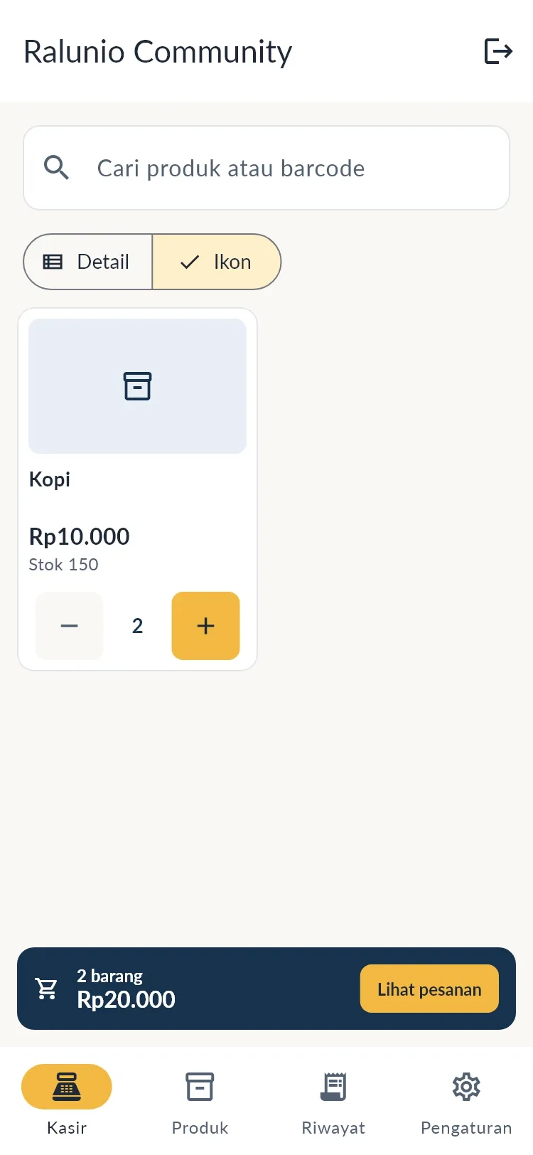 Screenshot asli kasir Ralunio Community di Android dengan produk dan data contoh
