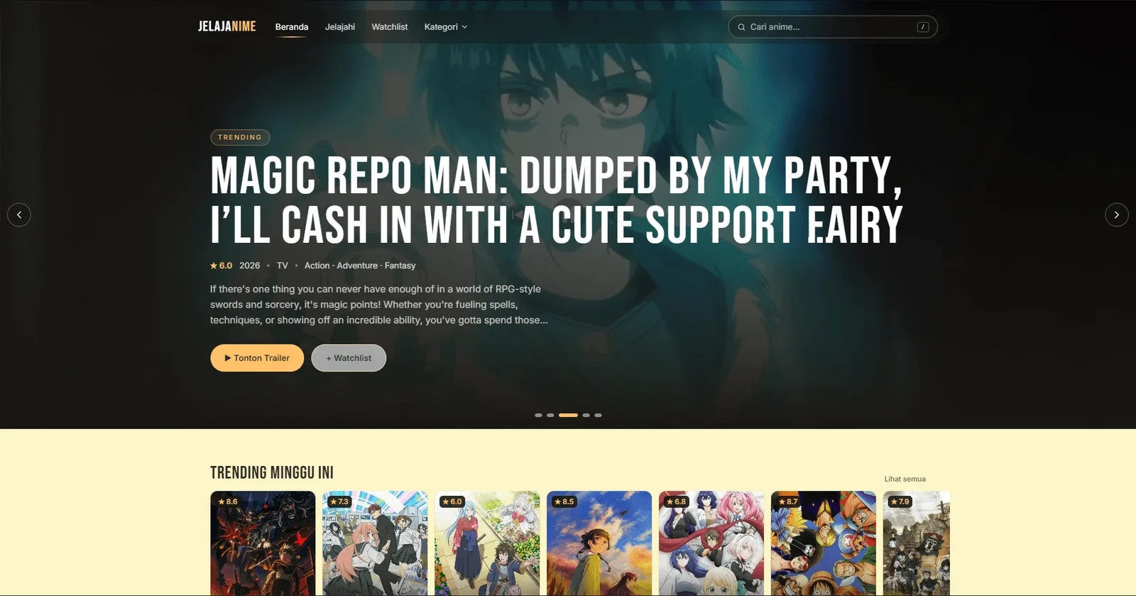 Screenshot asli beranda Jelajanime dengan hero anime dan katalog dari README proyek